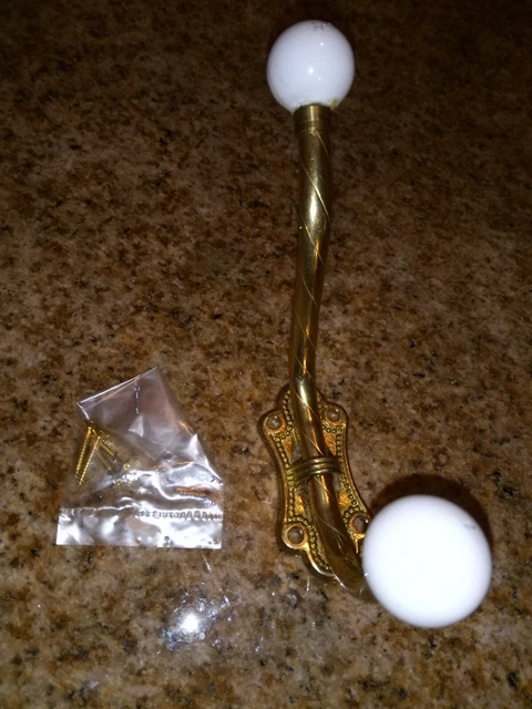 Vintage Hook for Coat Hat Towel Brass White Porcelain Knobs