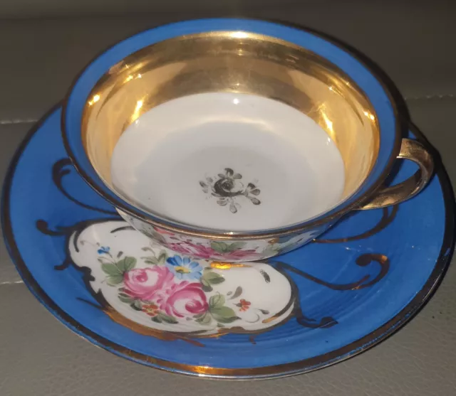 Antique French Limoges Hand Painted Blue Flower Cup & Saucer 2