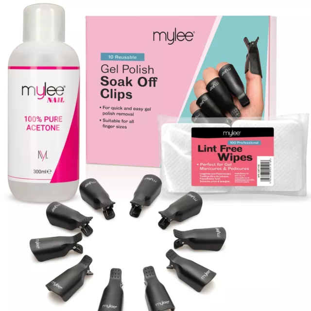 Mylee Gel Nail Polish Remover Set, Acetone, Lint Free Wipes, Soak Off Nail Clips