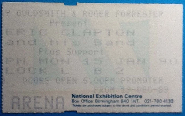 Eric Clapton Original Used Concert Ticket NEC Arena Birmingham 15th Jan 1990