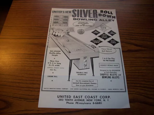 UNITED SILVER ROLL DOWN BOWLING ALLEY FLYER 1962 Vintage Retro Art