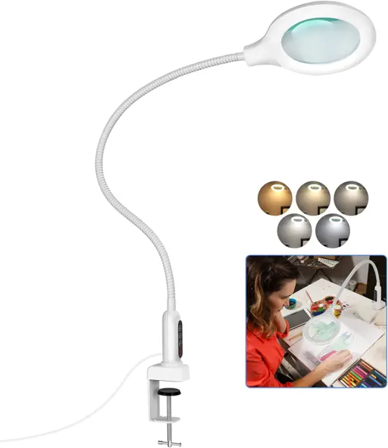 26" Gooseneck Magnifying Lamp with Clamp, 5 Color Modes Stepless Dimmable LED De