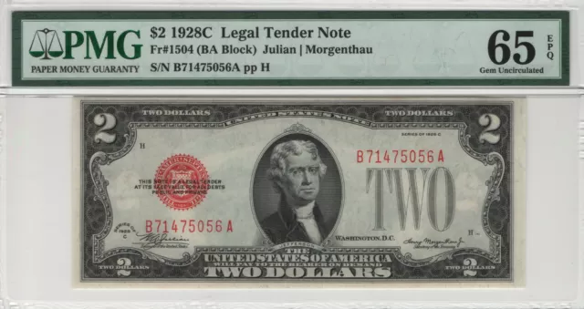 1928 C $2 Legal Tender Red Seal Fr.1504 Ba Block Pmg Certified Gem Unc 65 Epq