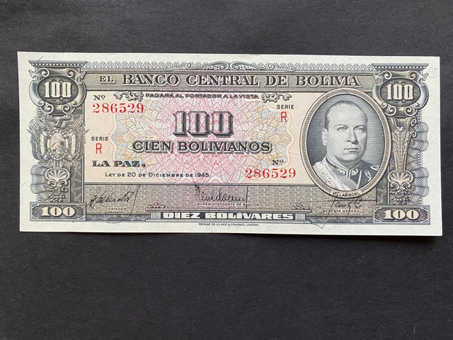 BOLIVIA, 1945, Billete Banco Central de Bolivia, 100 BOLIVIANOS, Serie R, UNC