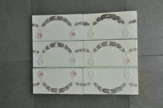 6 Pc Vintage Majolica Flower Art Nouveau Architecture Tiles,Japan