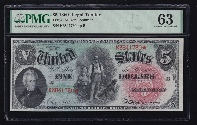 US 1869 $5  Rainbow Legal Tender Note FR 64 PMG 63 Ch CU (730)