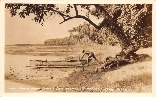 Arue Beach Tahiti Native Man with Boat Real Photo Postcard AA66793