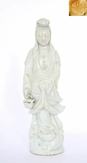 14.3" Old Chinese Dehua Blanc de Chine Porcelain Kwan Yin Buddha Figure Marked