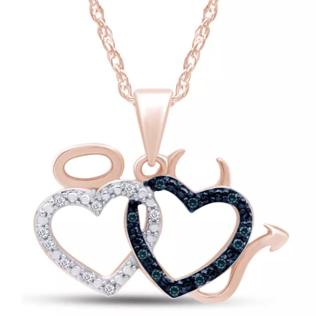 1/10ct Blue & White Real Diamond Sterling Angel and Devil Heart Pendant Necklace