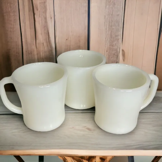 3 Vintage Fire King D Handle Ivory Oven Ware Off White Cream Coffee Mugs Cups