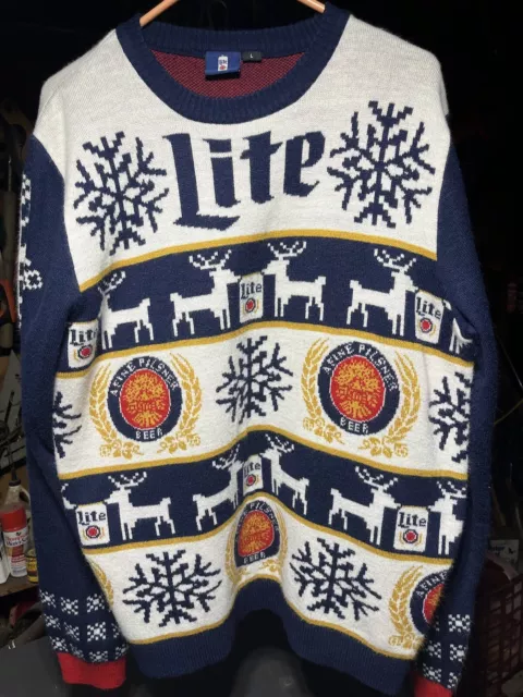 Miller Lite Beer Mens Ugly Christmas Holiday Sweater Size Large Excellent