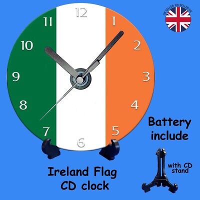 Irish flag CD clock with stand quartz movement flag of Ireland shamrock, Harp,