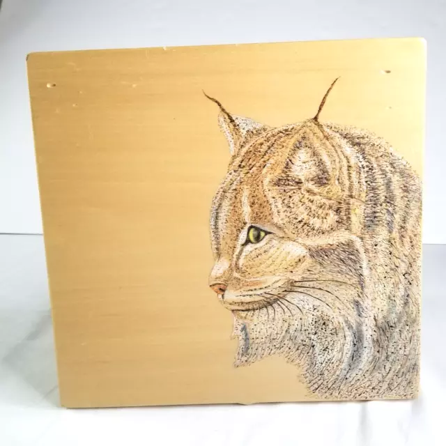 Vintage Linx Cat Pyrography Wood Burning & Hand Painted 11 x 10.5" Wild Life