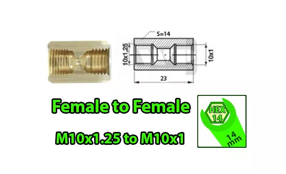 Brake Line Pipe Brass Inline Female Fitting Connector Coupler M10x1.25 to M10x1