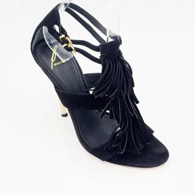 Brian Atwood Sandals Black Fringe Suede Caged Strappy Heels Size 7 2