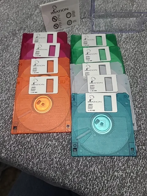 (9) Imation Neon Diskettes MAC Formatted 2HD 1.40 MB 3.5" Blank Media Open Case.