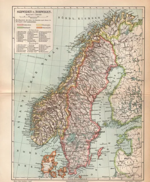 SCHWEDEN u. NORWEGEN Stockholm Göteborg Bergen Öland  Landkarte v. 1897