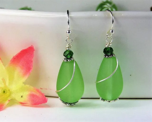 Green Sea Glass Teardrop, Silver Ladies Dangle Earrings, Beach Fashion