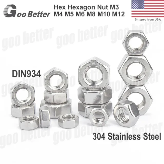 10-100x M3 M4 M5 M6 M8 M10 M12 HEXAGON NUTS DIN 934 STAINLESS STEEL HEX FULL NUT