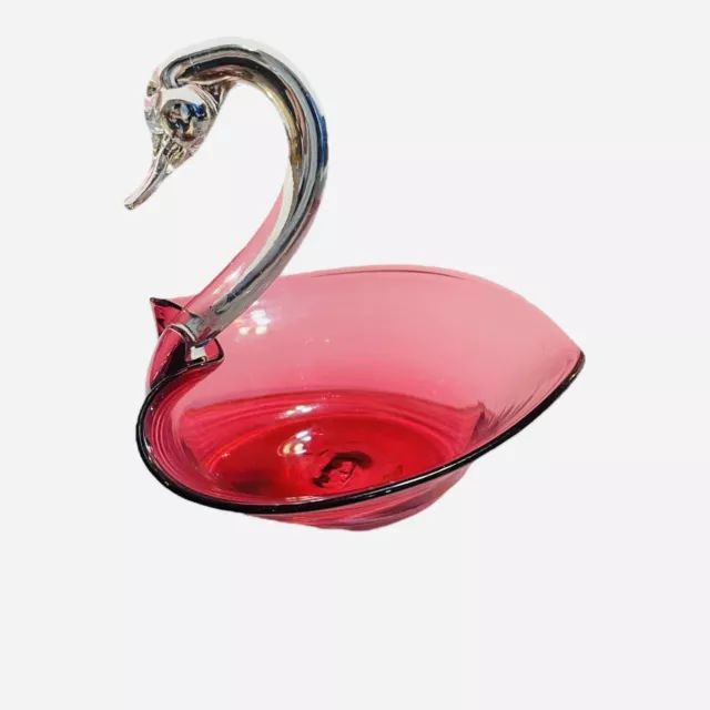 VTG Hand Blown Cranberry Glass Swan Candy Dish Bowl Art Glass Decorative