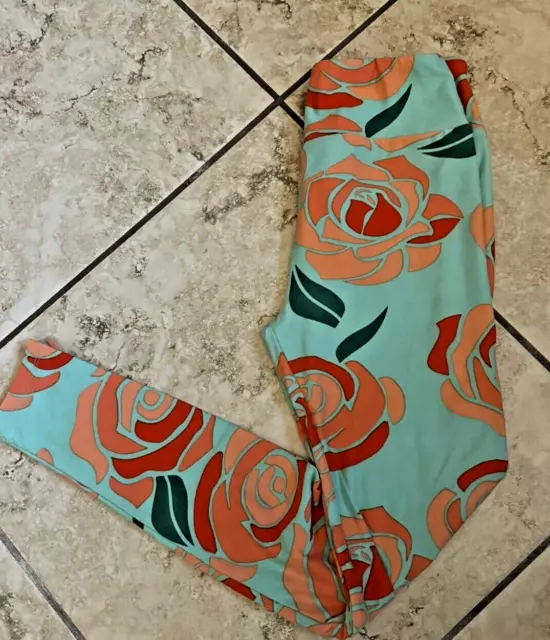 LULAROE LEGGINGS OS Disney Inspired Roses Teal Background Coral