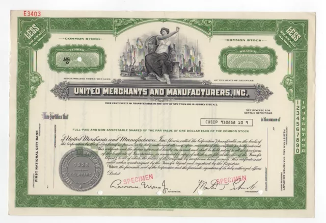 SPECIMEN - United Merchants and Manufacturers, Inc. Stock Certificate