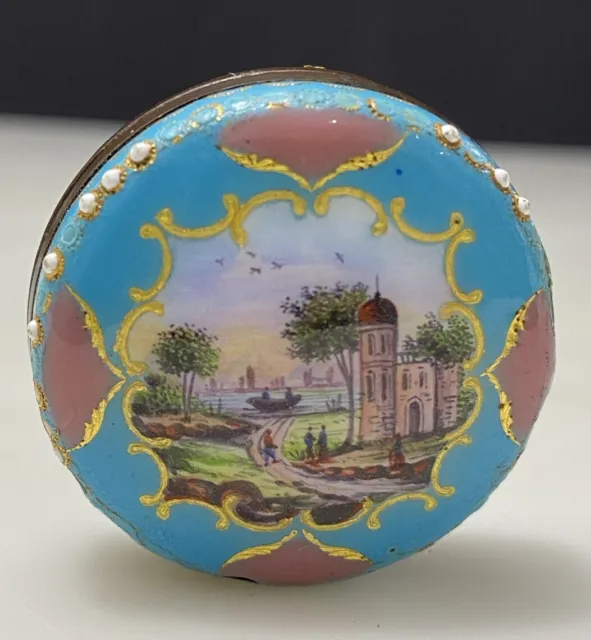 Antique English Battersea Bilston Enamel Patch Snuff Box 18th Century Castle