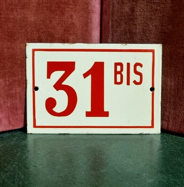 Vintage Fench enamel house sign number 31 bis red raised door gate wall street