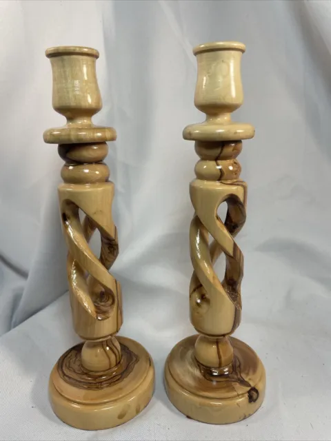 Olive Wood Turned Candle Holders Sticks Tapers Celtic Barley Twist Carved Set 2