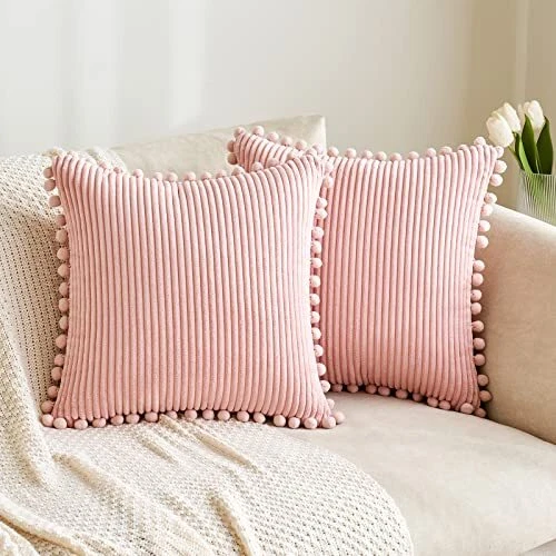 Boho Decorative Throw Pillow Covers with Pom-poms, Soft Corduroy Square Solid