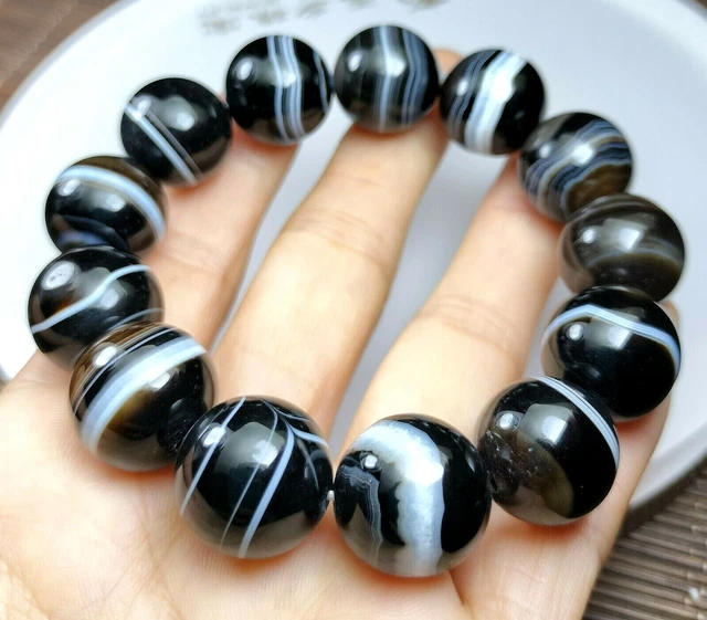 15.5MM Rare Natural Black Brown White Ancient Agate Jade Beads Stretchy Bracelet