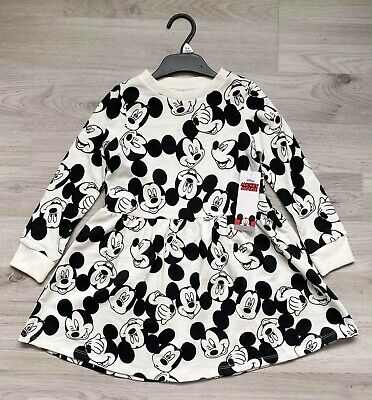 Mickey Mouse Sweater Jumper Dress Cotton Girls Black White Disney Skater NEW