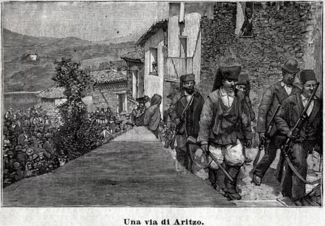 Aritzo: veduta con uomini armati. Barbagia. Stampa antica + passepartout. 1902