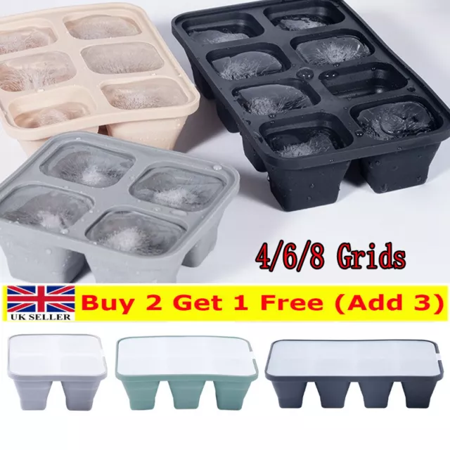 UK Silicone Ice Cube Tray Large Mold DIY Ball Maker Square Tray Mould With Lid.