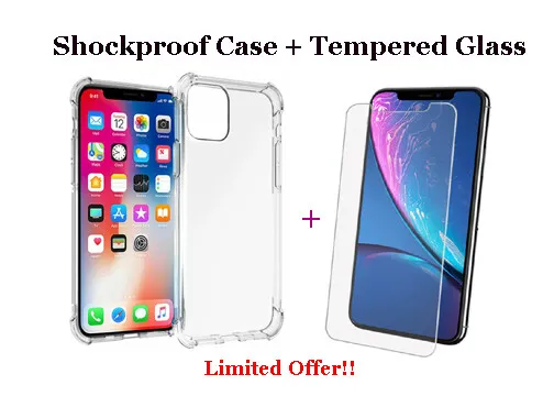 For iPhone 11 Pro X XR XS Max Clear Gel Shockproof Case Cover & Screen Protector