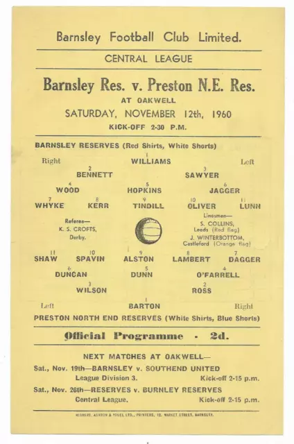 1960/61 Central League (Reserves) - BARNSLEY v. PRESTON NORTH END