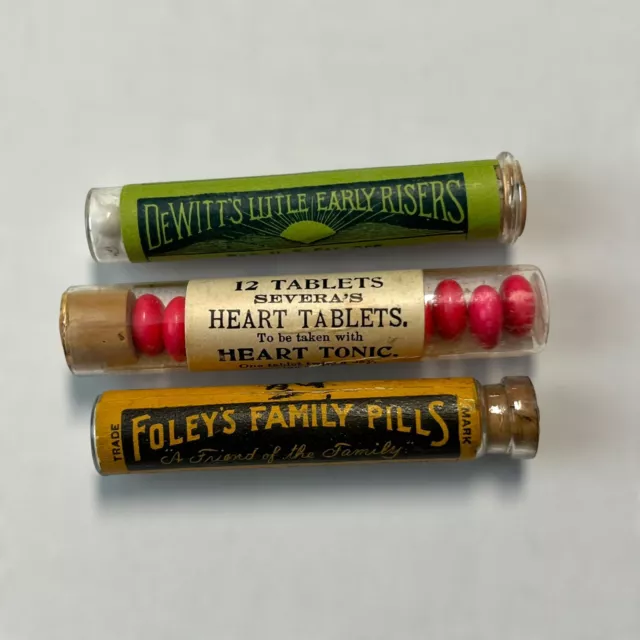 3 Small Quack Medicine Unopened Pill Tubes Foley's Family, Dewitt's & Severa's