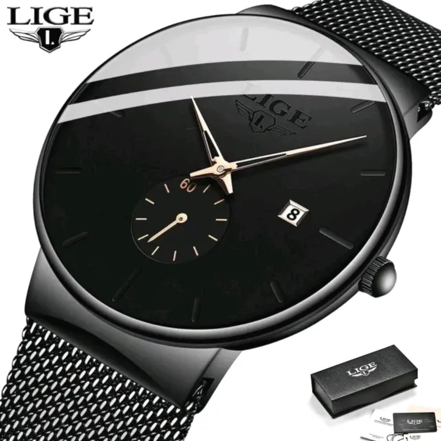 Herren schwarz Luxusuhr LIGE Chronograph Quarz Edelstahl Armbanduhr verpackt