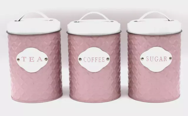 Tea Coffee Sugar Canisters Set of 3 Metal Pink Retro Kitchen Storage Jars