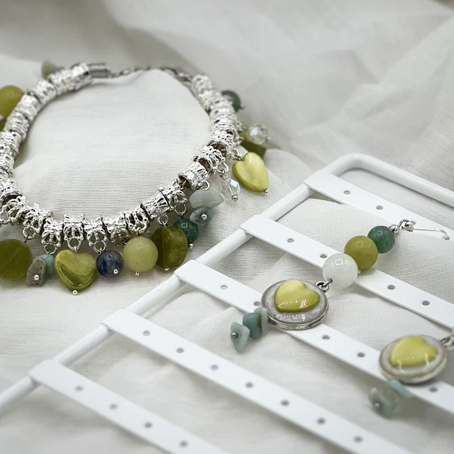 Matching Jewelry Set 1 Pair Leverback Earrings 1 Charm Bracelet Silver Green