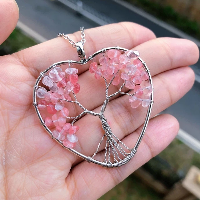 Cheery Quartz Stone Tree Of Life Pendant Necklace Chakra Reiki Healing Amulet
