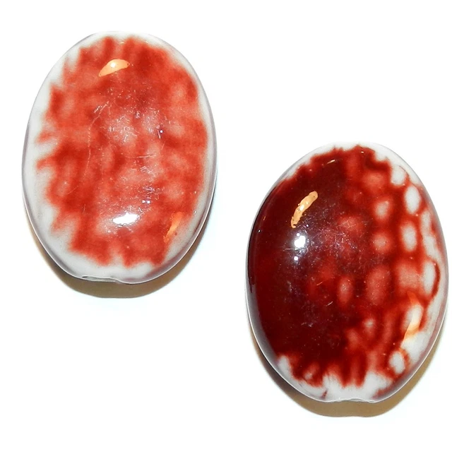 CPC314 Red & White Dappled 29mm Flat Oval Glazed Porcelain Beads 6pc