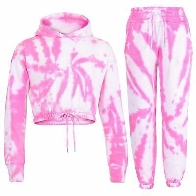 Kids Tie Dye Pink Tracksuit Gym Cropped Hoodie Sweatpants Cord Set Girls 5-13 Yr