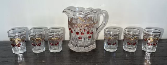 Vtg Cherry & Cable 7 Pc Set PITCHER 4" & 6 GLASSES 2" American Girl