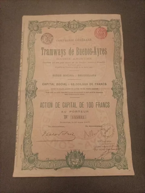 Ancien Titre Action : Compagnie générale de Tramways De Buenos Ayres 1907