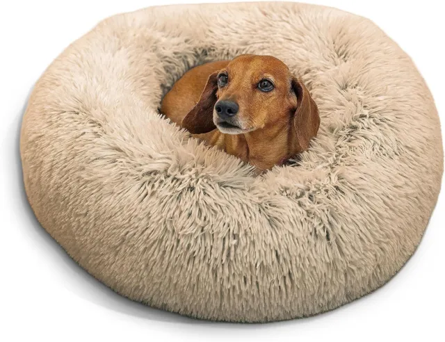The Original Calming Donut Cat and Dog Bed in Shag Fur Taupe, Small 23x23