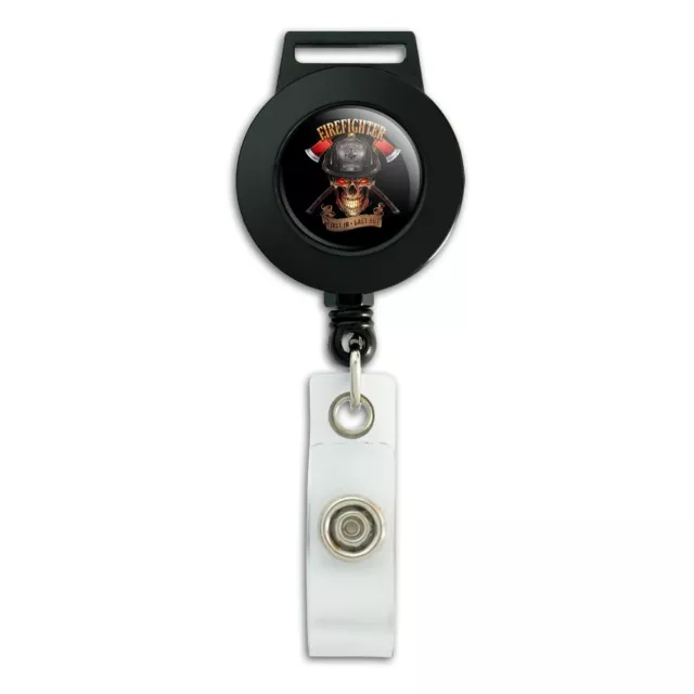 FIREFIGHTER SKULL FIRST In Last Out Fireman Lanyard Reel Badge ID