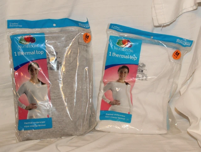 2 VTG Fruit of the Loom Thermal Top Long Underwear Top M Ladies Grey & White NOS