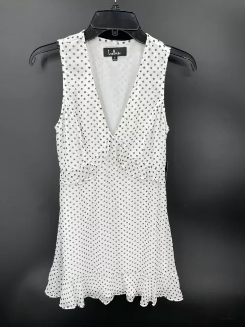 Lulus Dress Womens Small White Black Polka Dot V-Neck Sleeveless Fit& Flare NWT