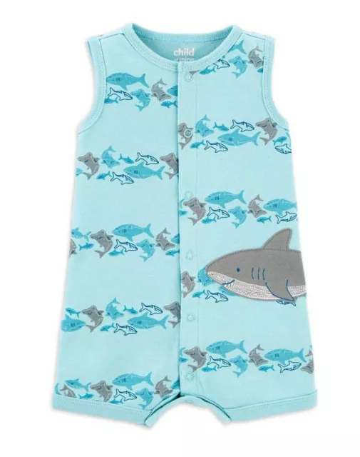 3/6 MONTHS Carter's Infant Boy's Blue Shark Tank Top Ocean Life One Piece Romper